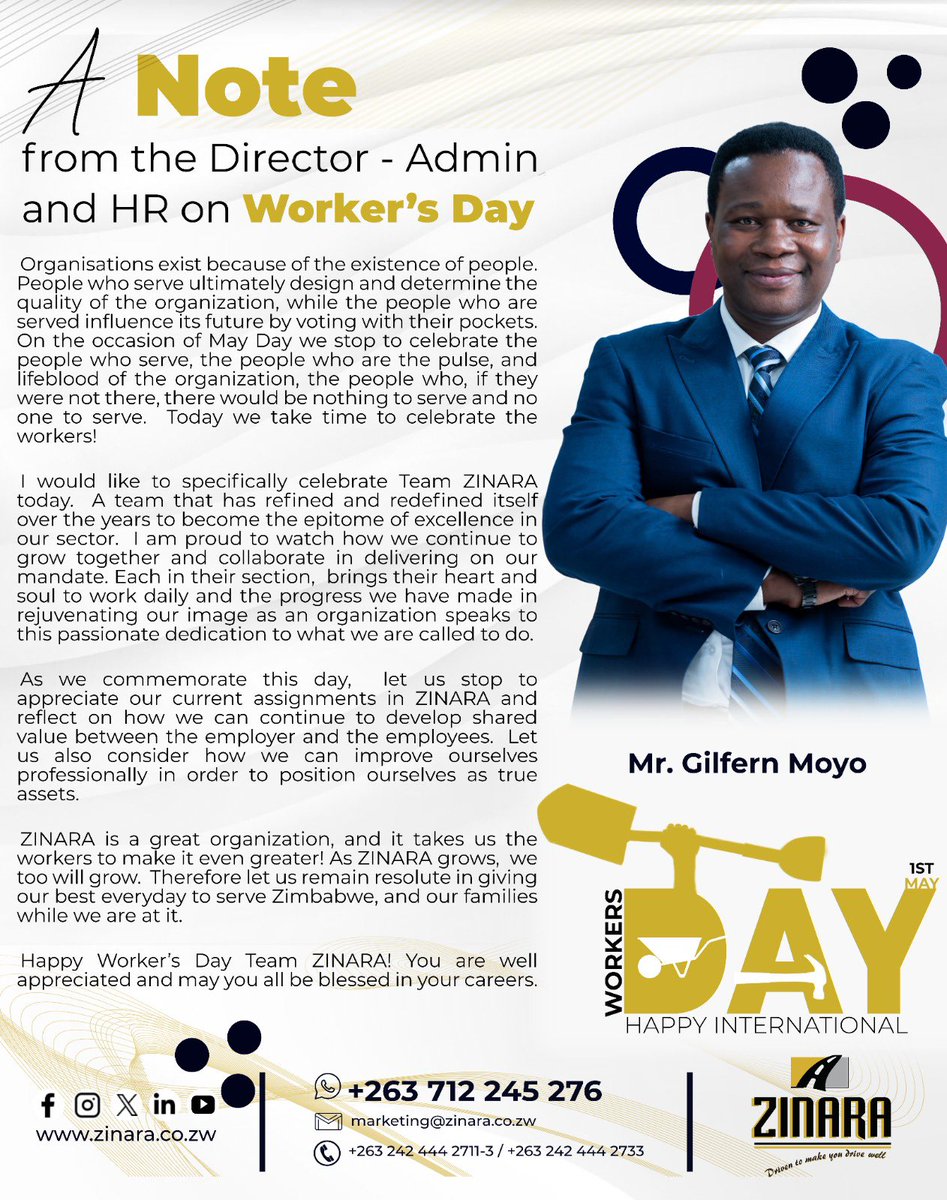 Message from our Director Admin & HR Mr @Gilfern01 marking the Workers Day celebrations…@ @IOD_Zimbabwe @InstituteofCor2 @IPMZ20 @MinistryofTID #WorkersDay #PartnersForProgress