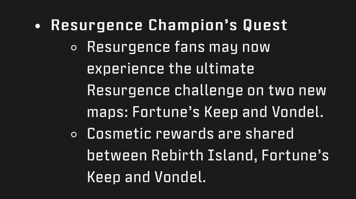 Champions Quest (Nuke) is now on Fortune’s Keep and Vondel for Resurgence! 

#Warzone