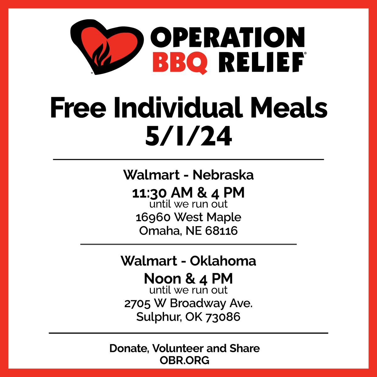 Please share today's @walmart feeding locations in Omaha, Neb. and Sulphur, Okla. with your friends and family, and follow our social media for daily updates. Please donate at /OBR.org. #disasterresponse