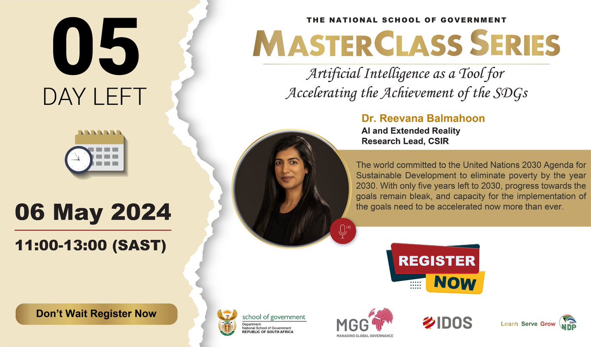 📣 5 Days to go! Have you reserved your seat? 📆: 6 May 2024 ⏱️: 11:00-13:00 🔗: thensg-gov-za.zoom.us/webinar/regist… #Masterclass #SDGs #TheNSG #LeanServeGrow @GovernmentZA @CSIR @thedpsa @DpmeOfficial @dsigovza @cpsi_sa @GCIS_ECape