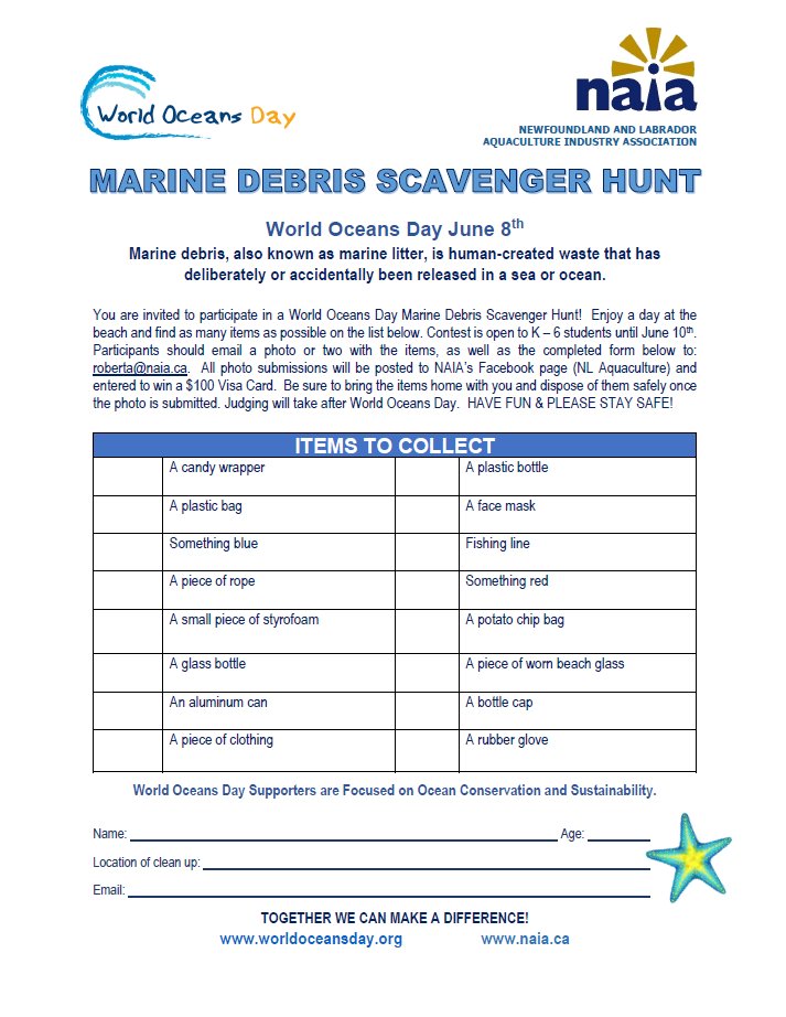 WORLD OCEANS DAY IS JUNE 8! What are your plans? How will you do your part? NAIA is organizing its annual provincial Youth Scavenger Hunt! All entries will be entered to win a $100 Visa Gift Card. GOOD LUCK! @WorldOceansDay @NLESDCA @NLSchoolsCA @GovNL @loveCDNsalmon