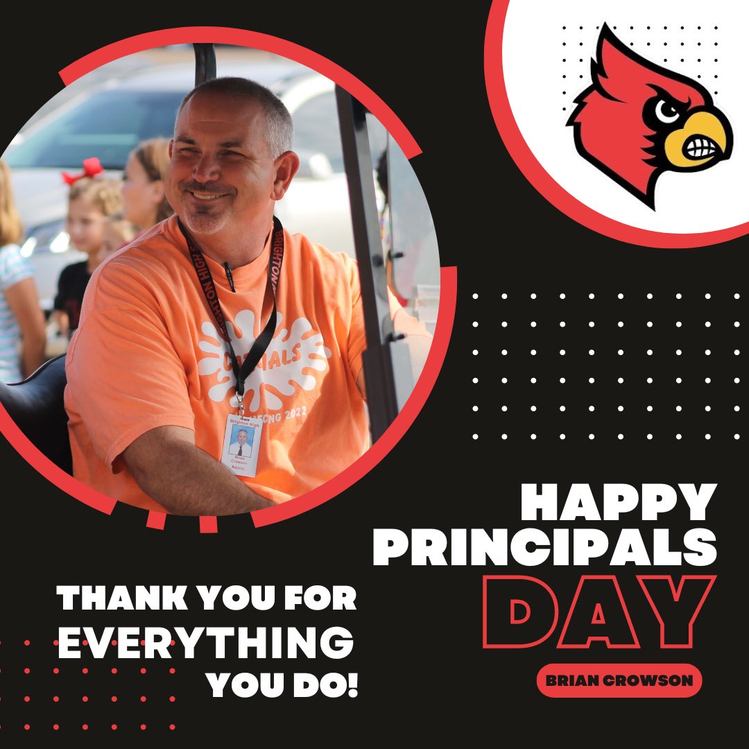 It’s Principals Day! Thank you to Coach Crowson for everything you do for our school every day. Not many people have a passion for Brighton High like he does and it shows with every decision he makes. 
#allcardinalsalways #bestyearever #togetherwecandomore #berelentless #bekind