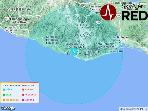 #SismoFinalizado Intensidad 🔵“DÉBIL”🔵 en #PuertoEscondido, Oax. Recibiste la notificación si estás dentro de los radios de alertamiento. Descarga #SkyAlert: skyalert.mx/app 08:11:32 - 01/05/2024