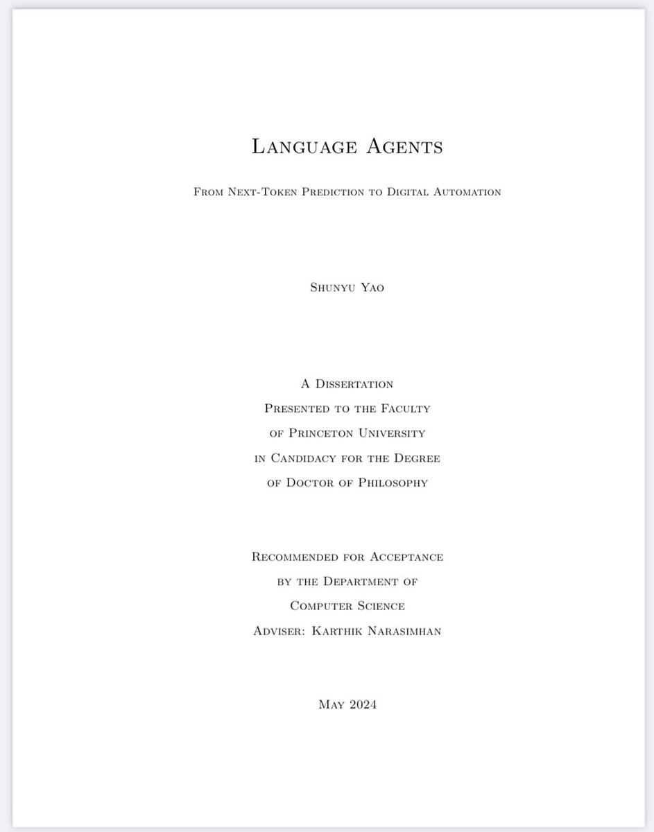 I will present my thesis defense tomorrow! Language Agents: From Next-Token Prediction to Digital Automation - 10am EST on Thursday, May 2 - princeton.zoom.us/my/shunyuy - WebShop, ReAct, ToT, CoALA - Briefly: SWE-bench/agent - Thoughts on the future of language agents
