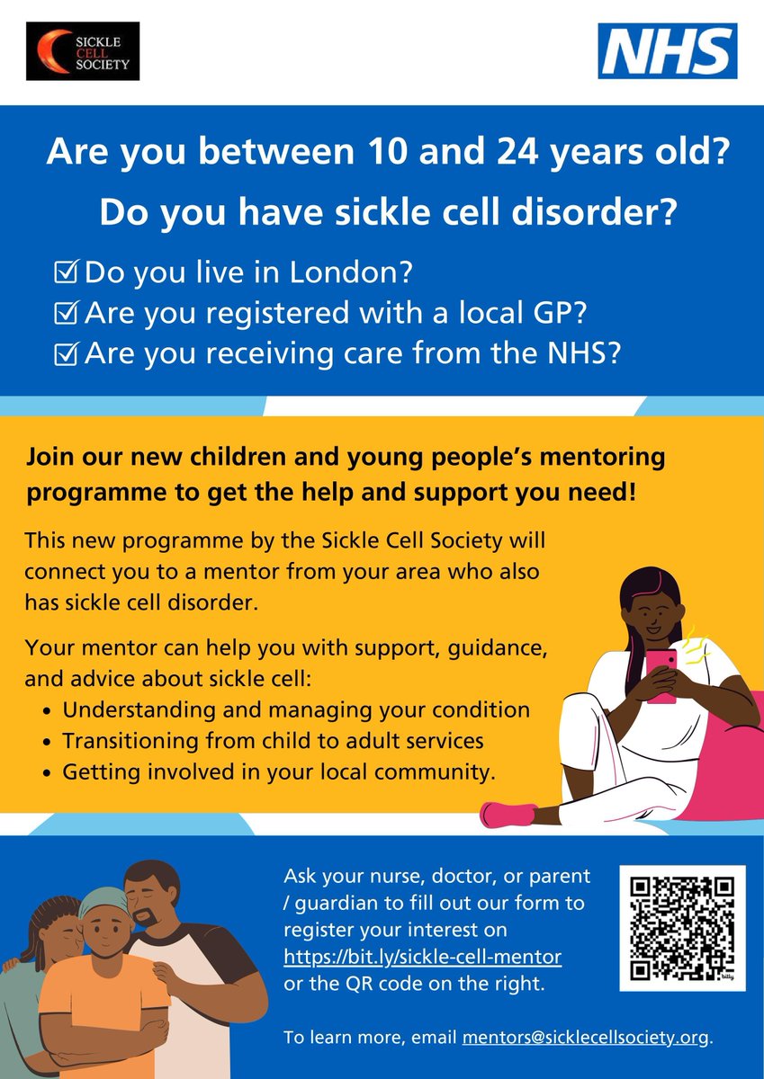 If you're a young individual (aged 10-24) in London with Sickle Cell, join our Peer to Peer Mentoring program. Our mentors, who also have Sickle Cell, can provide guidance on managing the condition and help you connect with others. Scan the QR code below for more information.