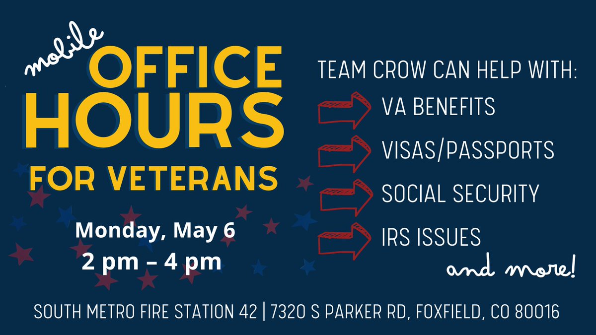 TODAY: Join Team Crow for Veterans Mobile Office Hours from 2 to 4 PM at South Metro Fire Station 42 Community Room! Team Crow can help you navigate VA benefits, visas, IRS issues, and more.