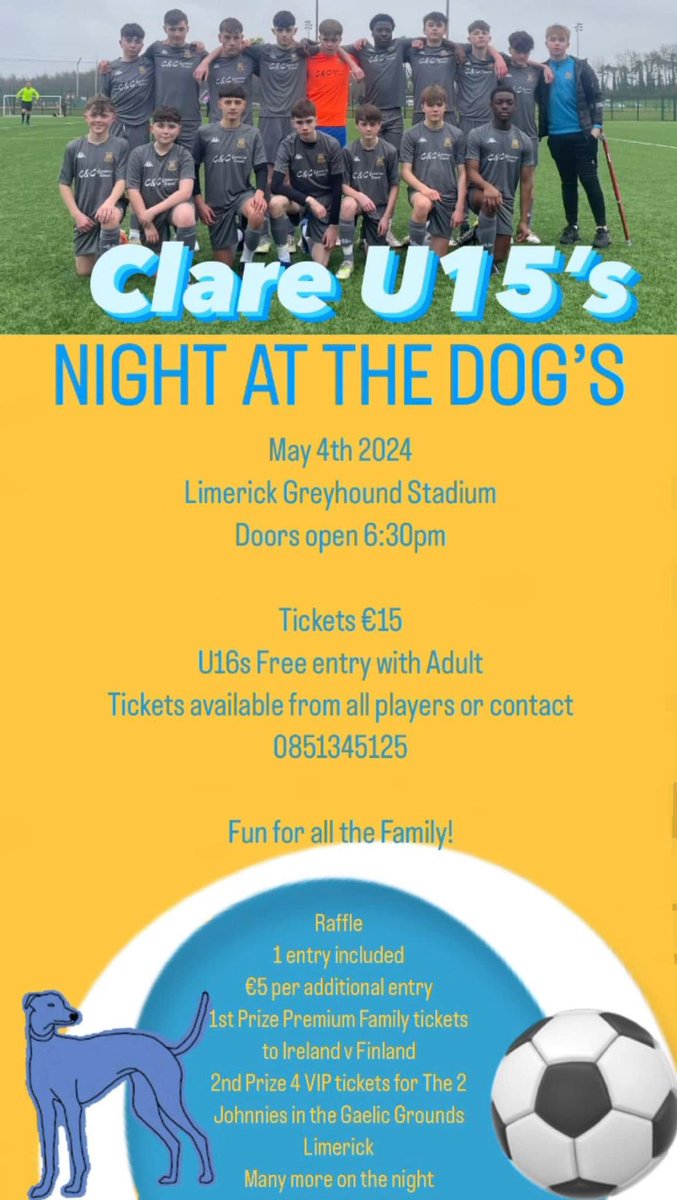 We look forward to welcoming @CsslSoccer on Saturday night. Please support the Under 15s in their fundraising efforts if you can. Contact them for tickets or buy a raffle ticket on the night! #Limerick #Clare #GoGreyhoundRacing #ThisRunsDeep #FundraisingAtTheDogs