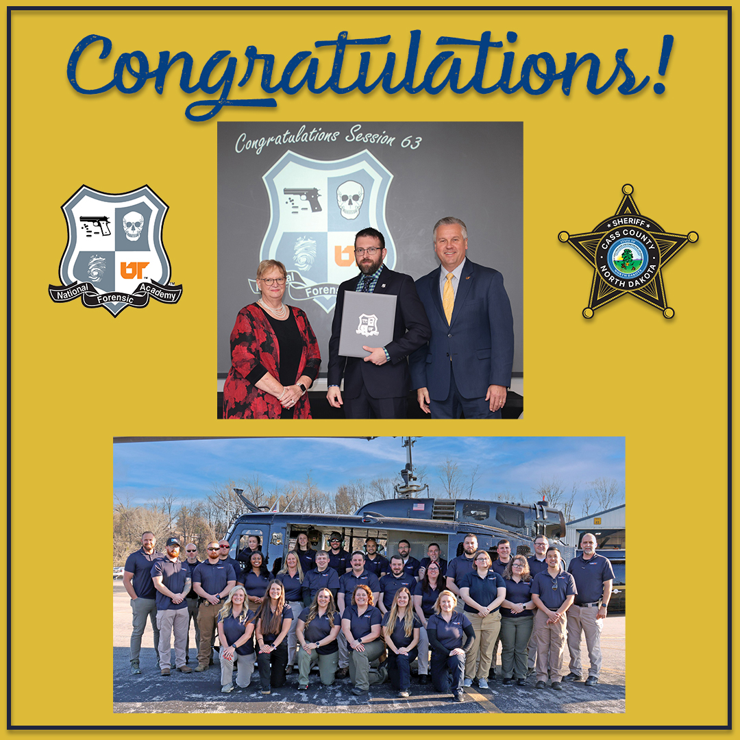 Congratulations Detective Jake Wiedenman!
Recently he graduated from the National Forensic Academy, Session 63, in Oakridge, Tennessee. This curriculum focuses on evidence identification, collection, preservation, clandestine grave recovery, and crime scene reconstruction.