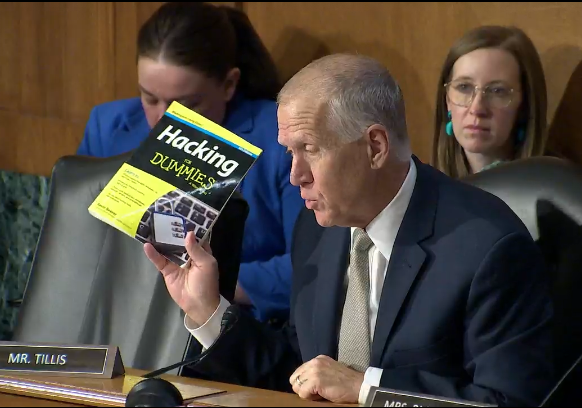 Great moment in today's Senate hearing on the UnitedHealth Group's recent cyberattack. Senator Thom Tillis takes out the 'Cybersecurity for Dummies' book, not sure exactly why...