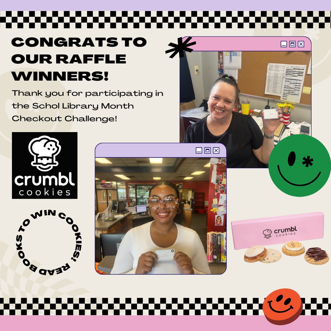 Thank you to those who participated in the School Library Month Checkout Challenge. Congrats to Mrs. Dickerson and Milana for winning the Crumbl Gift Cards! #stayTRU