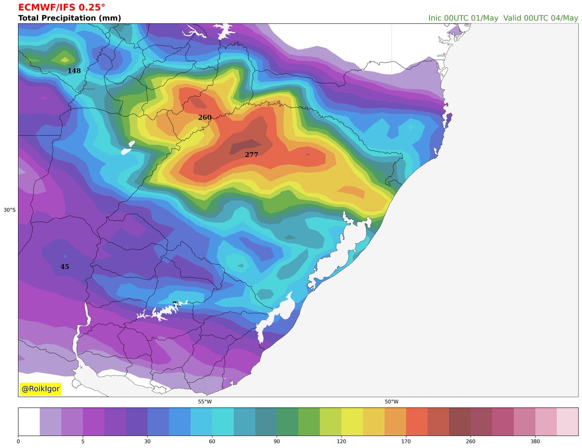 Conforme última imagem do satélite GOES 16, no canal infravermelho, nota-se que as instabilidades continuam atuando sobre o Rio Grande do Sul. Além disso a previsão é de muita chuva ainda. Abaixo projeção do modelo ECMWF nos próximos 3 dias.