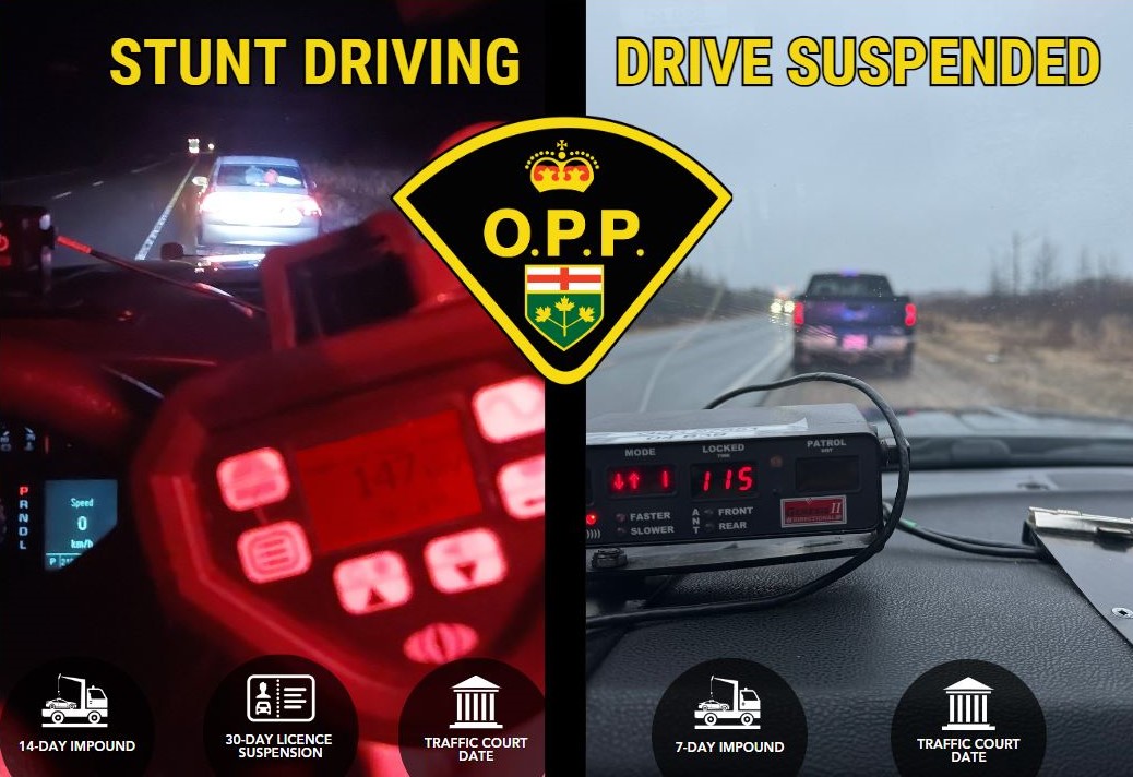In a recent nightshift, the #JamesBayOPP in #Cochrane impounded two vehicles from two separate traffic stops.

April 30 at 1:30 am, a 22 y/o driver from Ottawa was charged with #StuntDriving, and then at 6am, a 35 y/o  from Cochrane was charged for driving suspended. ^kb