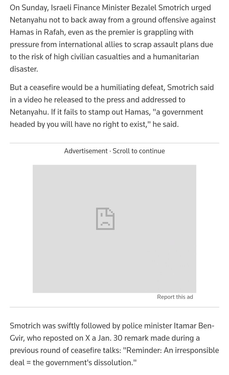 I don't know who needs to hear this, you don't need to game theory this out Bibi and his allies have made clear their political calculus. War ends. Government falls. accountability begins, Bibi disgraced and B facing prison for corruption.