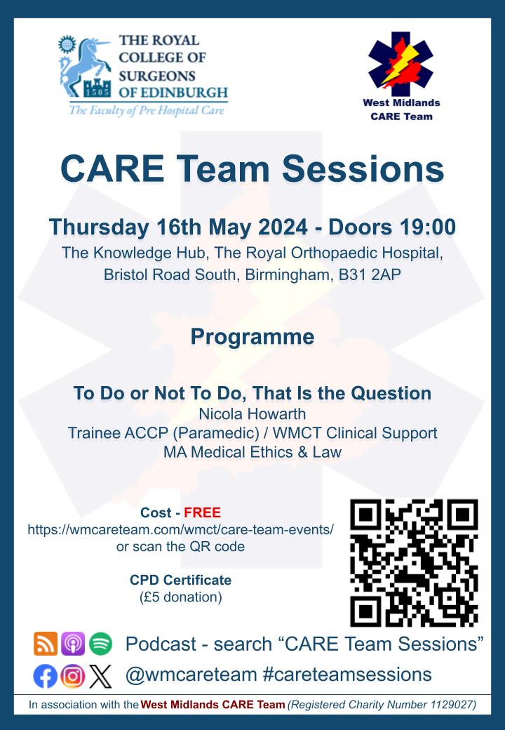May's #CARETeamSessions

Our very own Nicola Howarth, trainee ACCP with an MA in Medical Ethics and Law, will be discussing legal & ethical dilemmas in clinical decision making through case studies

Tickets available May 9th:
pretix.wmcareteam.com/WMCT/sessions1…
PB