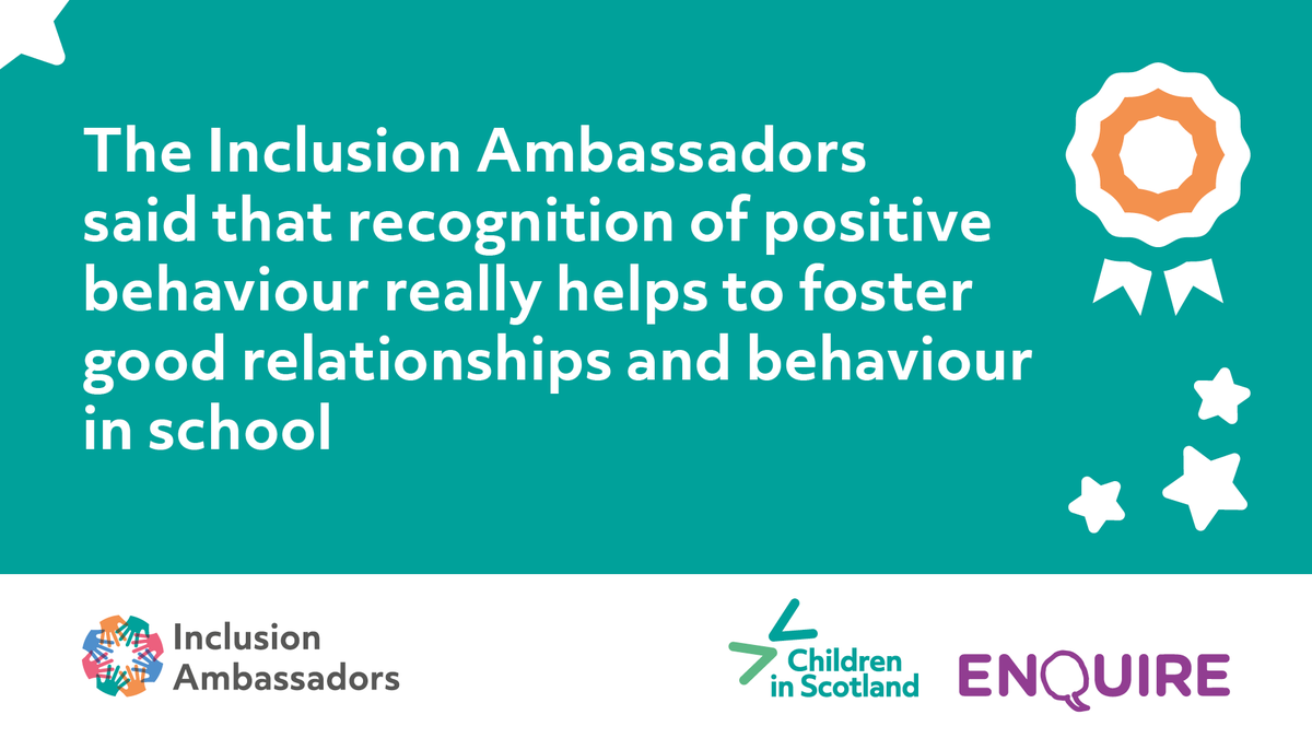 In a brand new evidence paper, the #InclusionAmbassadors have shared their experiences of schools’ approaches to relationships and behaviour. They highlighted the use of positive reinforcement as being particularly important. Find out more: childreninscotland.org.uk/new-paper-refl…