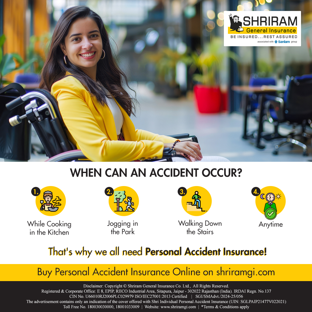 Accidents can happen anytime, anywhere - whether you're in the kitchen, jogging in the park, or simply walking down the stairs.
Insure today at shriramgi.com/personal-accid…

#AccidentInsurance #SafetyFirst #PersonalAccidentInsurance #PAInsurance #ShriramGI #SGI #Accidents #Insurance