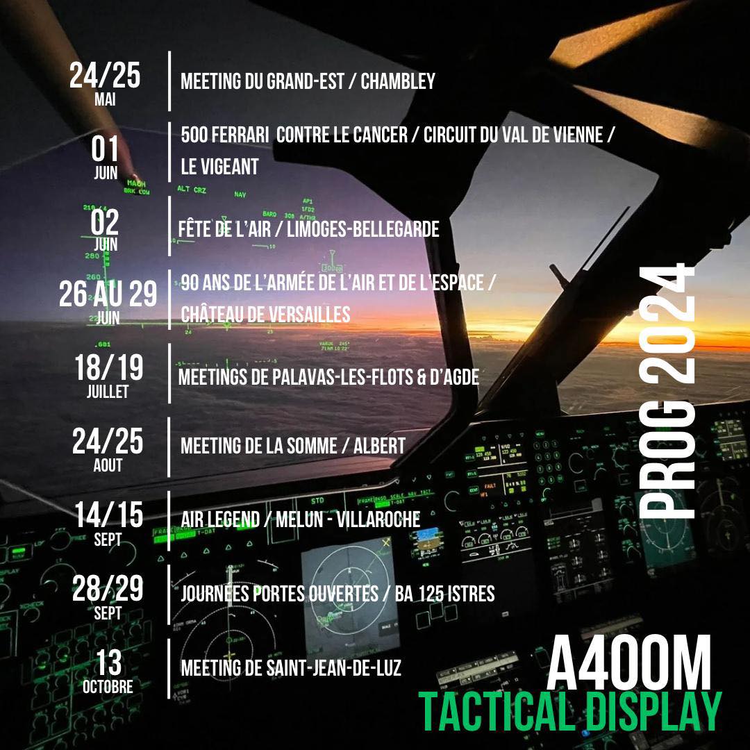 On vous met ici l'agenda des présentations de l'A400M parce qu'ils pilotent leur engin comme un avion de chasse. Un de ces quatre, ça va pas tarder, ils vont nous appeler pour nous défier dans une BFM en T43...