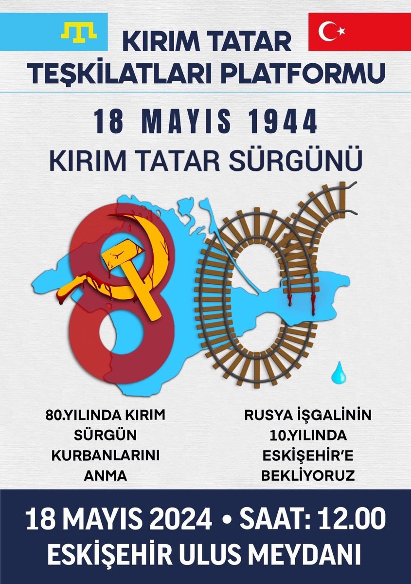 Rusya işgalinin 10. Yılında VATAN KIRIM'DA anamadığımız sürgün kurbanlarımızı ANMAK için sürgünün 80. Yılında ESKİŞEHİR'de toplanıyoruz. BİZ KATILIYORUZ. SİZLERİ DE BEKLİYORUZ. 18 Mayıs Cumartesi günü HIZLI TRENE bilet aldık. Alıyoruz EMEL