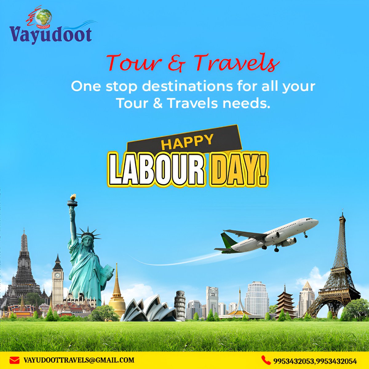 Celebrating Labour Day with Vayudoot Tour & Travels - your one stop destination for all your travel needs! 🌍✈️
.
.
.
#VayudootTravels #LabourDay2021 #TravelWithUs