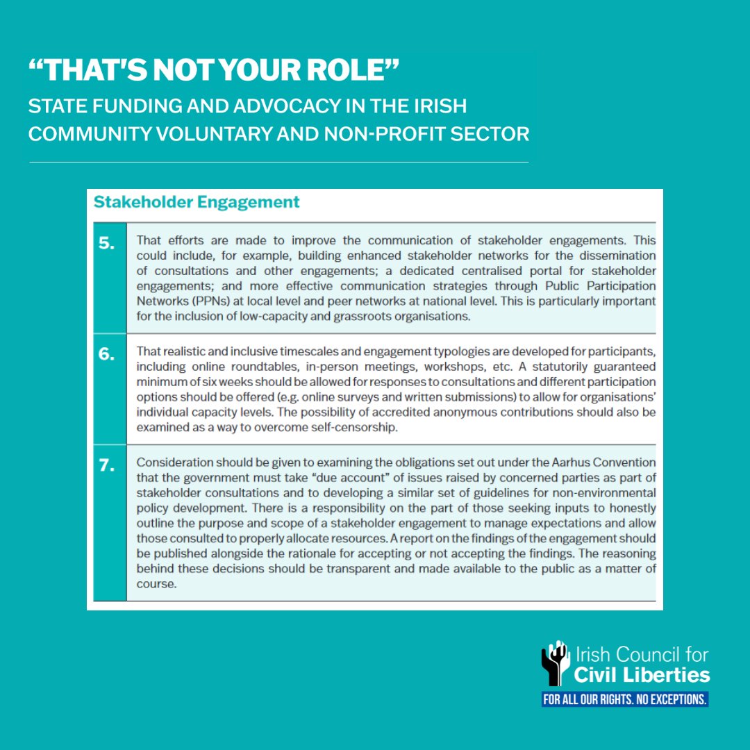 The State must move to recognise and protect the essential role of civil society to criticise the State and its policies as they see fit. Read the full report: iccl.ie/news/thats-not… The report makes 7 recommendations on funding and stakeholder engagement. Find them below 👇