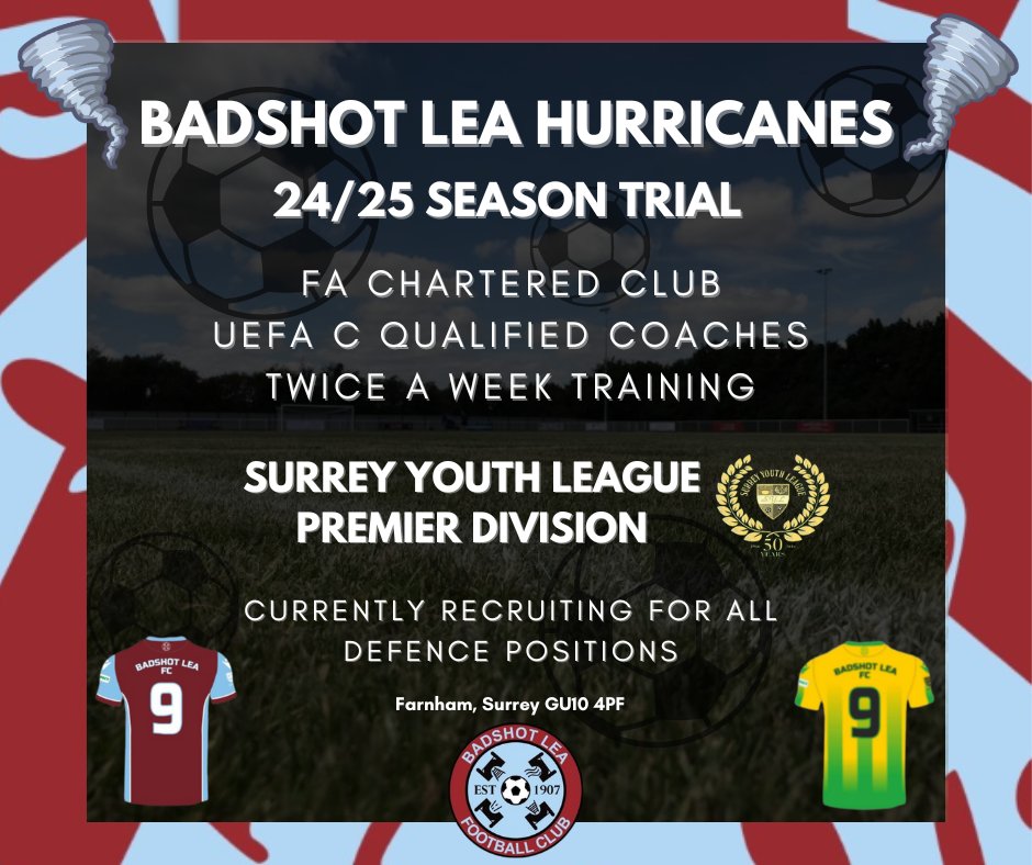 🌪️⚽ Attention future stars! Badshot Lea Hurricanes (Current U12) are scouting central defenders for next season as we move to 11-a-side! 🚀 
We offer expert training in the SYL Premier Division. 
📅 Tryouts soon! 
DM to book your spot. #SYL #YouthFootball #DefendersWanted