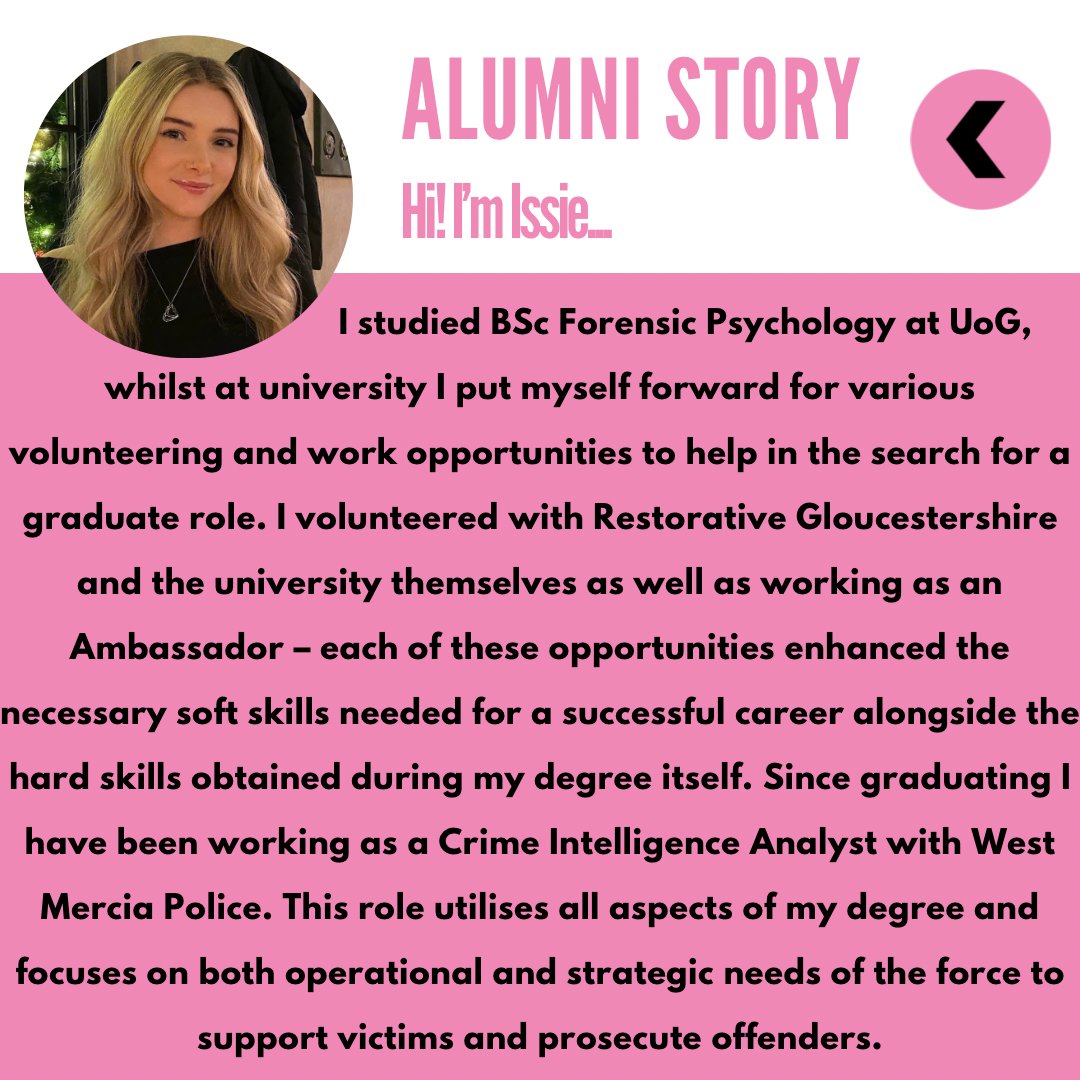 Here's another Alumni Story! 

Issie is now a Crime Intelligence Analyst with West Mercia Police, after completing our BSc Forensic Psychology undergraduate degree. 

Thank you for sharing Issie, keep smashing it!👏