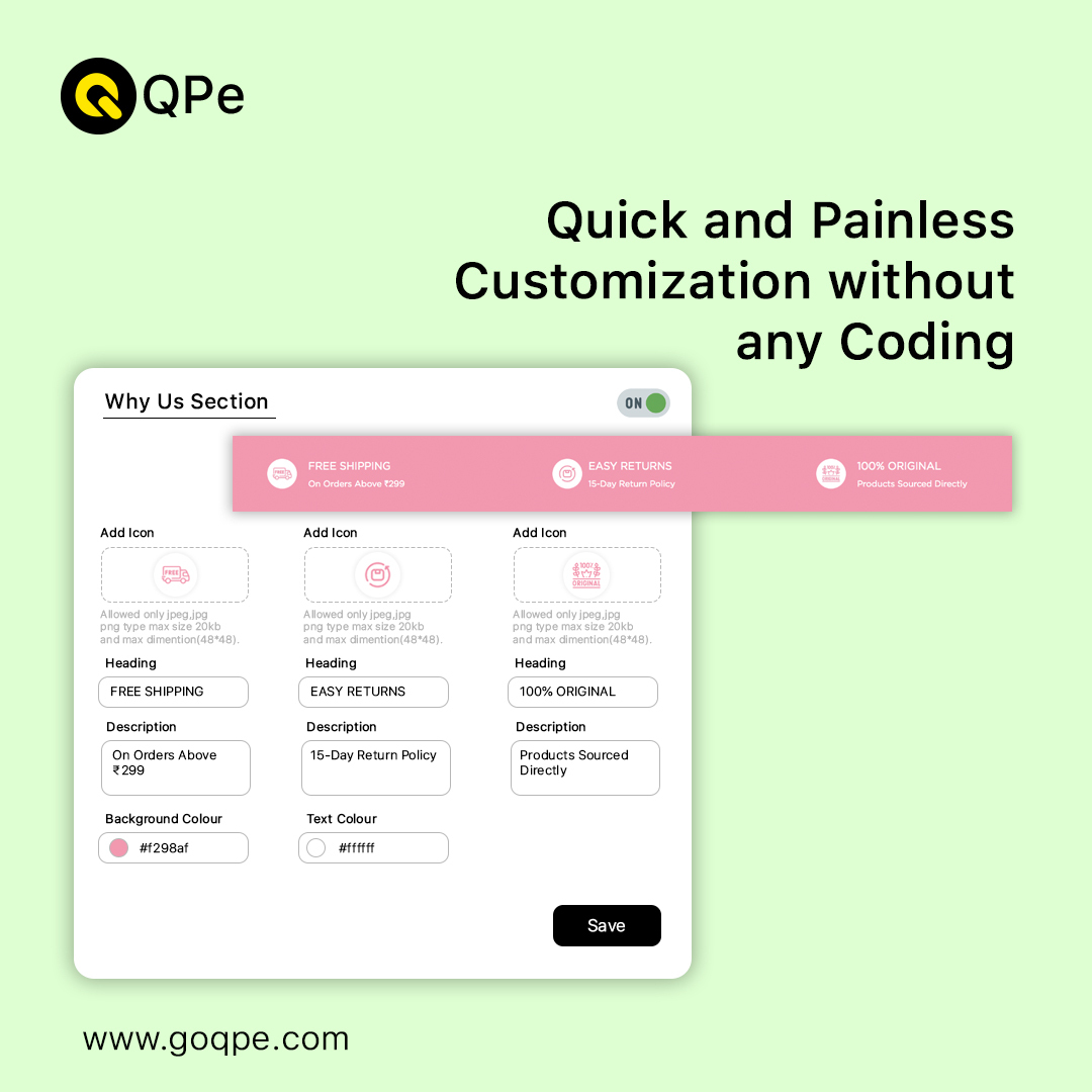 Simple, user-friendly, and unparalleled customizations! 

At QPe, we believe in making your experience effortless and unique. 

Book your demo today at support@goqpe.com 

#SaaS #QPe #customisation #ecommerceSolution #ECommerceMadeEasy #d2cbrands