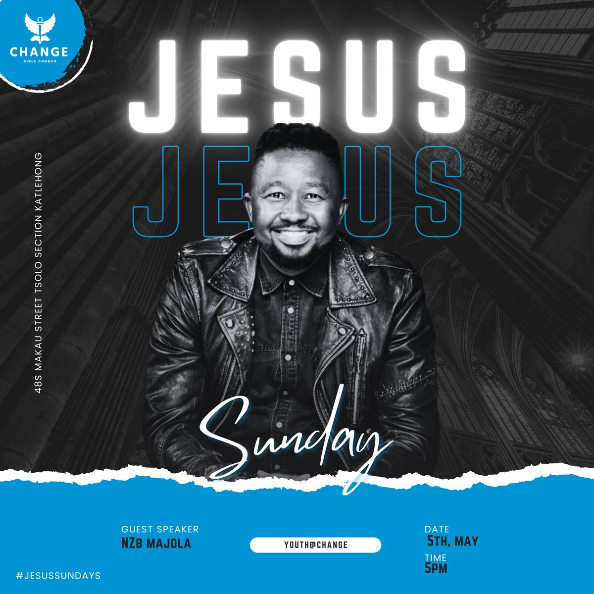 YouthAtChange's tweet photo. Hey, youth! 📢
Get ready for an electrifying May edition of YouthAtChange Jesus Sundays! 🎉 
This Sunday we welcome Minister NZB Majola to ignite our spirits! 🔥
It's your monthly rendezvous for faith, fellowship, and connecting with like-minded peers. See you there! 🌟 https://t.co/BRNcC7Pb70