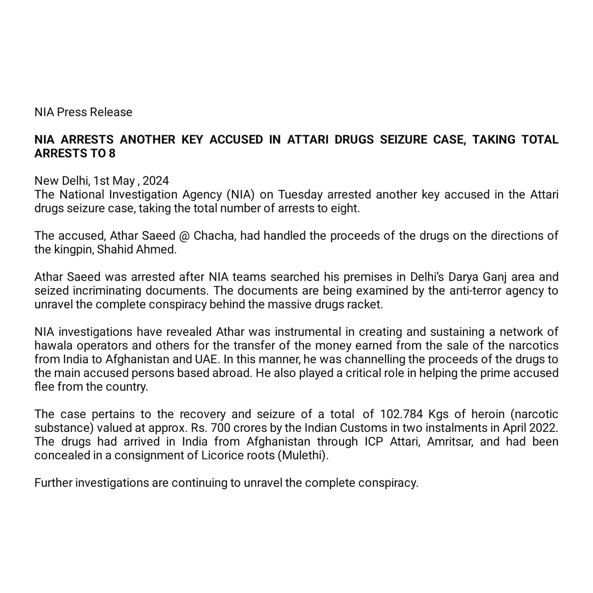 #NationalInvestigationAgency (NIA) arrests another key accused in #Attari drugs seizure case, taking total arrests to eight.