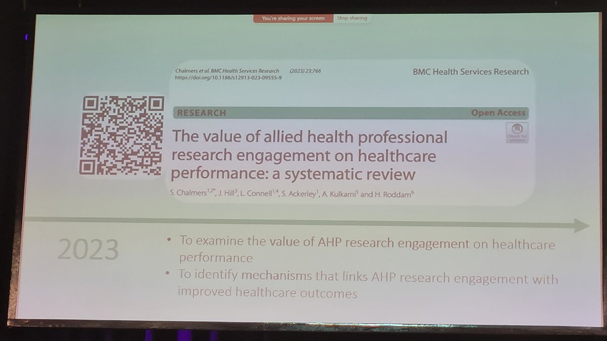 'What is the impact of AHP research on practice?' with @SChalmersSLT @OfficialCAHPR 🔹️What are we doing in terms of research engagement? 🔹️How do we measure it? 🔹️How do we use it? bmchealthservres.biomedcentral.com/articles/10.11…