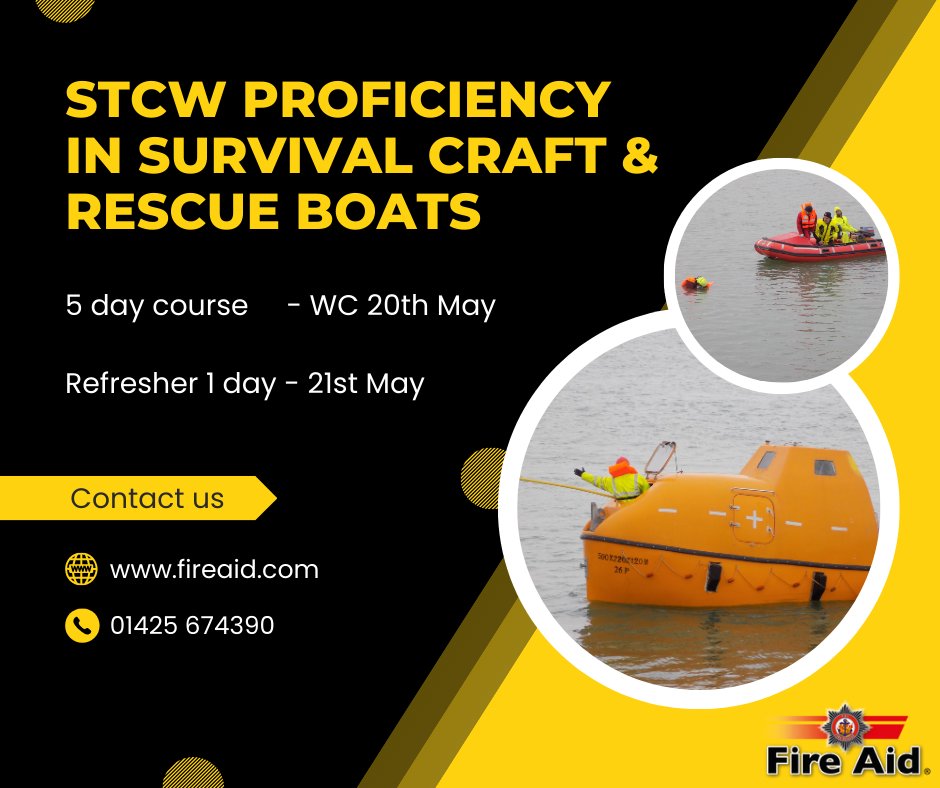 In need of a STCW PSCRB course? We have the full &amp; updated course running in May.
This course helps to prepare crew for an onboard emergency, which may require them to abandon ship or provide a rescue in a man over board situation.
#fireaid #stcwcourses #PSCRB #upscrb #refreshers