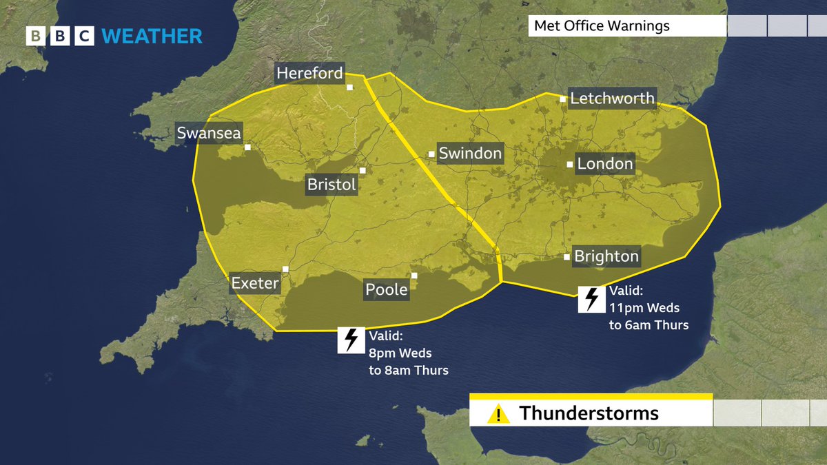 The Met Office has issued two yellow thunderstorm warnings for parts of southern England and South Wales tonight/first thing tomorrow.
Check the details here: bbc.in/3UpOoYi