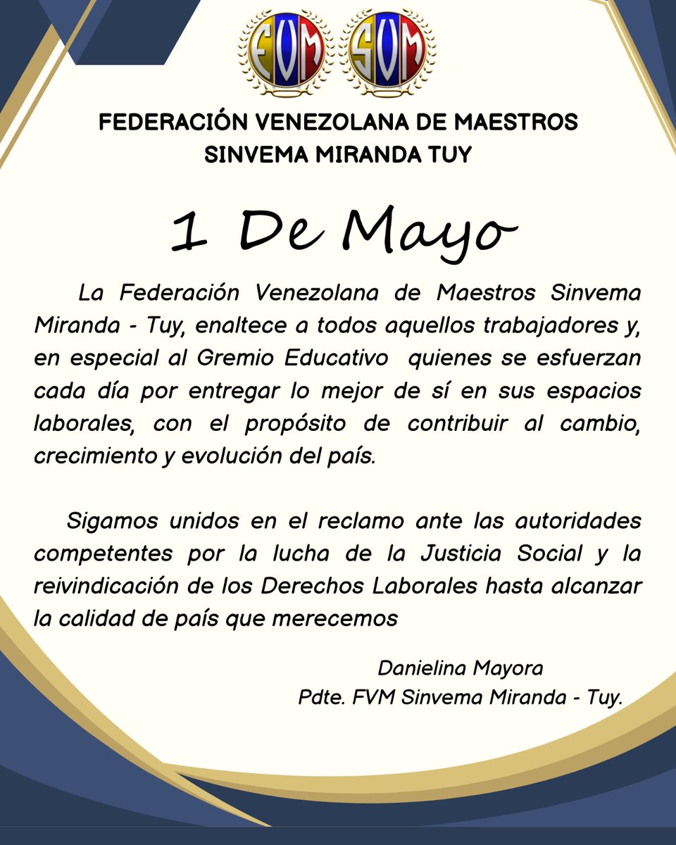 #1deMayo2024 SINVEMA Miranda Tuy sindicato filial a la Federación Venezolana de Maestros a los trabajadores en su día.

#ContratoColectivoYa
#SalarioMínimoConstitucional 
#SalarioDignoVzla 
#FVMenlaLucha