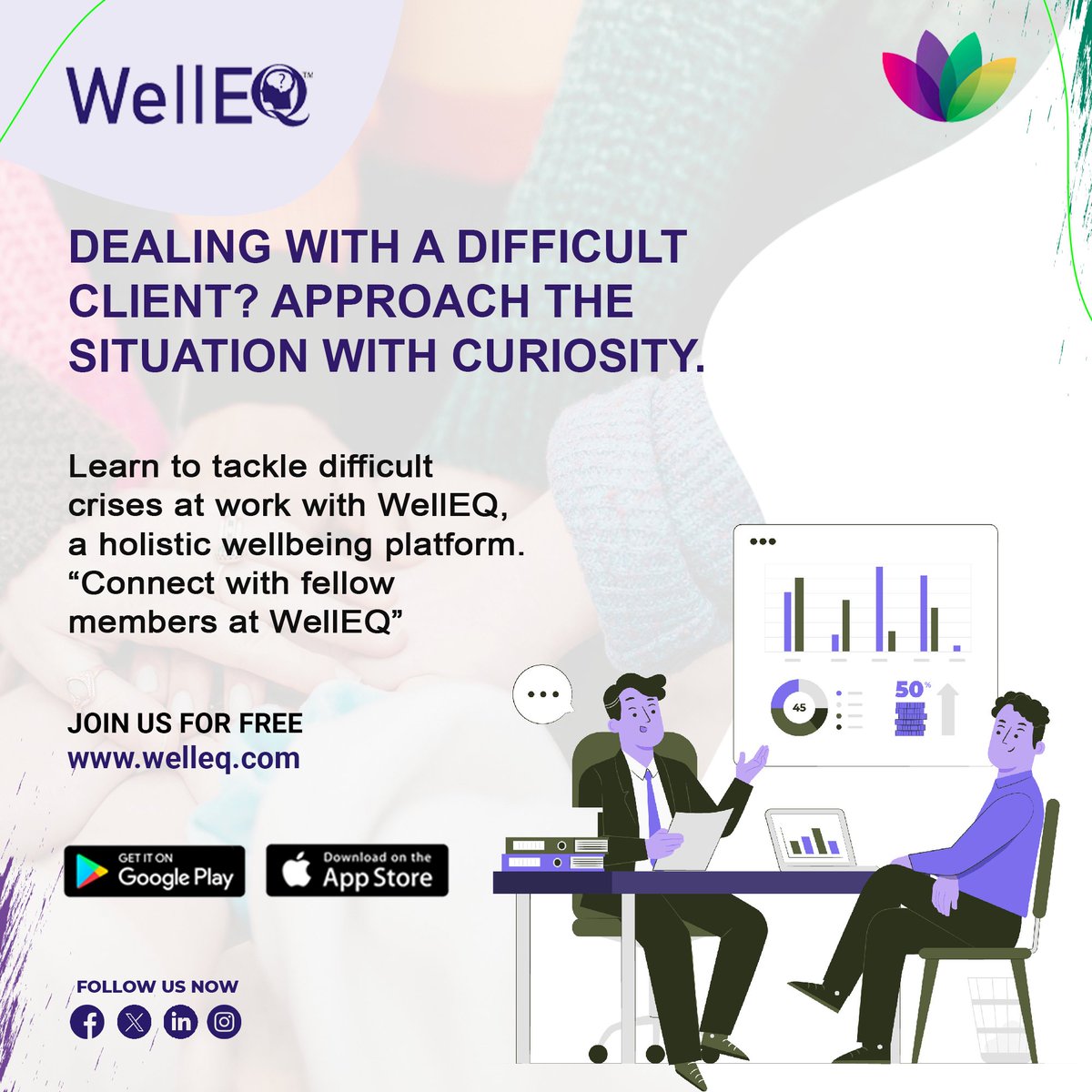 Navigate workplace challenges with WellEQ. Approach difficult situations with curiosity, connect with peers, and enhance your professional journey. 
.
.
#WellEQ #WorkplaceHealth #ProfessionalDevelopment #HolisticHealth #Curiosity #ClientManagement #StressRelief #PersonalGrowth