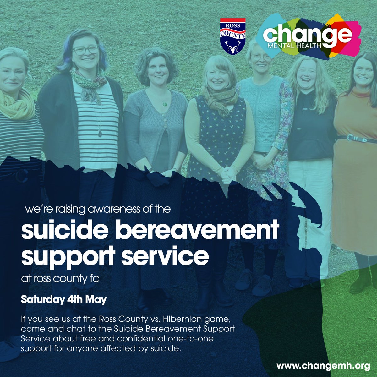 Going to @RossCounty's home game vs. @HibernianFC on Saturday? Speak to the Suicide Bereavement Support Service, who will be raising awareness of free, confidential one-to-one support for anyone affected by suicide in Highland and Argyll & Bute. 🔗 changemh.org/sbs
