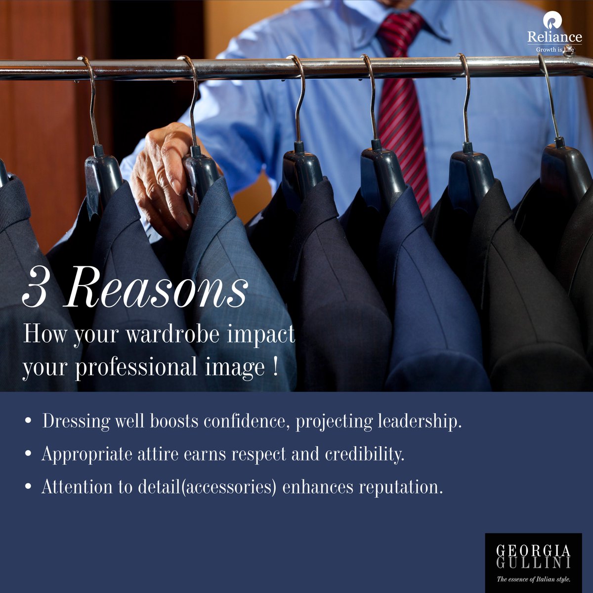 Suit up for success: because your wardrobe isn't just about style, it's about making a statement. Your professional image starts with what you wear. #DressForSuccess #ProfessionalImage #SuitUp #GeorgiaGullini #Reliance #RelianceIndustries #RelianceTextiles
