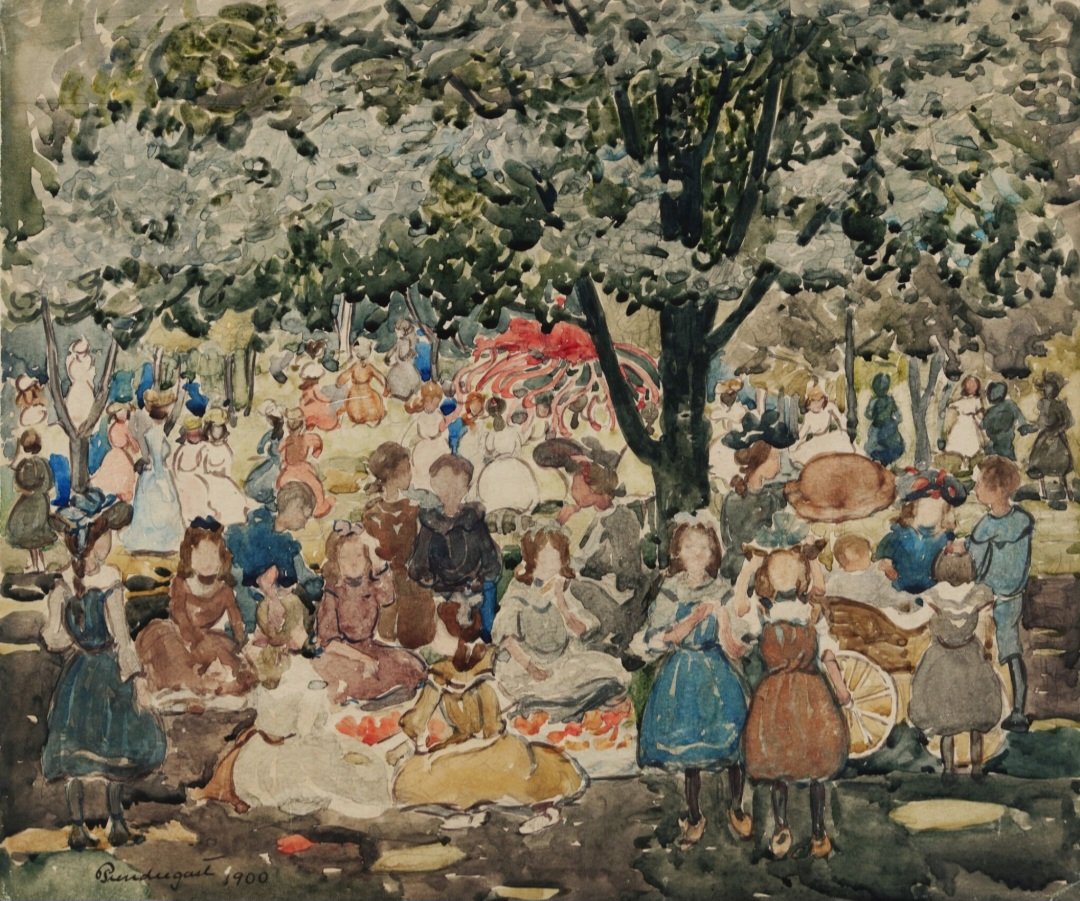 'May Day, Central Park,' (1900) exhibits Maurice Prendergast's fascination with capturing picturesque crowds at leisure in his modernist approach to painting. His subjects are a reflection of the new cultural developments in America and Europe which followed the Industrial
