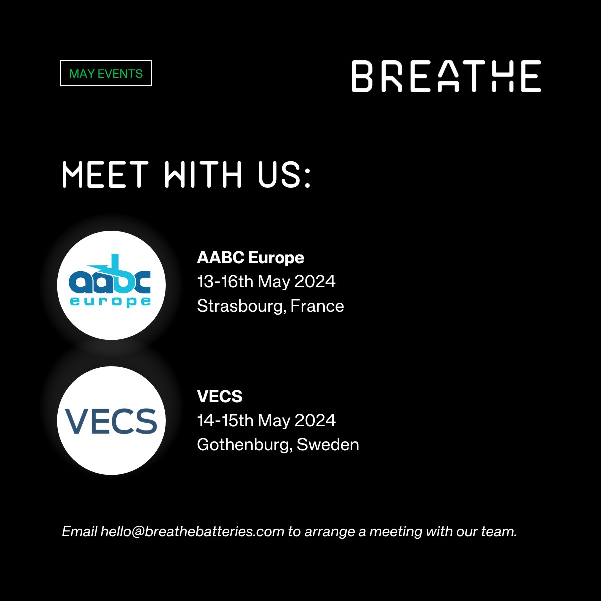 BreatheBT's tweet photo. As we head into May, we're looking forward to a busy month meeting partners at the following events:
#AABCEurope 🔋
#VECS 🚗
Email hello@breathebatteries.com, or get in touch via our website, to schedule a time to meet: https://t.co/tXMZTrKvl9
#batteries #electricvehicles https://t.co/wQFXSPXKaG