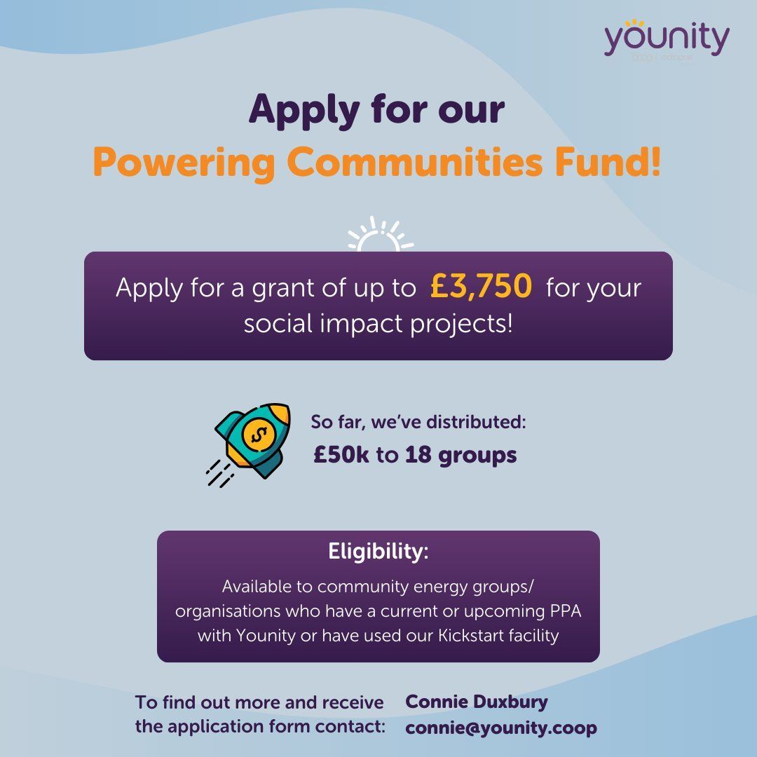 Applications for the @Younity_UK Powering Communities Fund are now open!! Eligible groups could be awarded a grant of up to £3,750 Apply here bit.ly/3Jzw5Lb