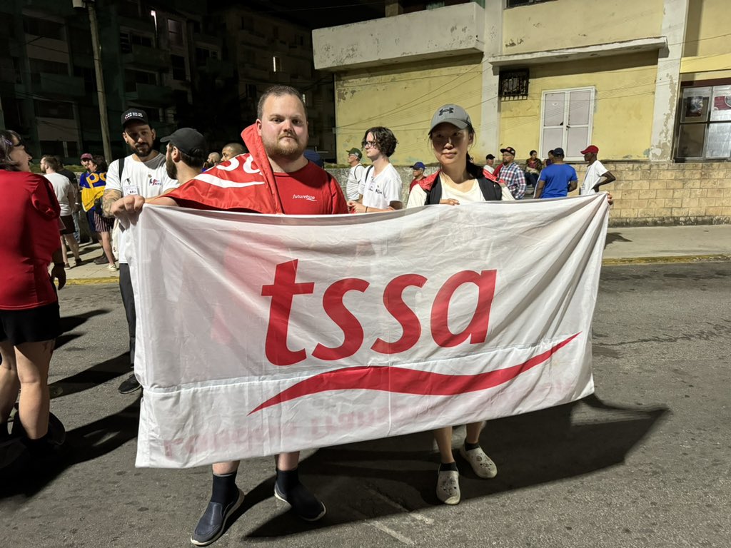 TSSAYoungMember's tweet photo. Veronica &amp; Simon are at the May Day event in Havana, Cuba flying the TSSA flags and banners.

#Endtheusblockade #VivaCubaSocialista #MayDay2024 #PrimeroDeMayo https://t.co/94XcWjk1Jm