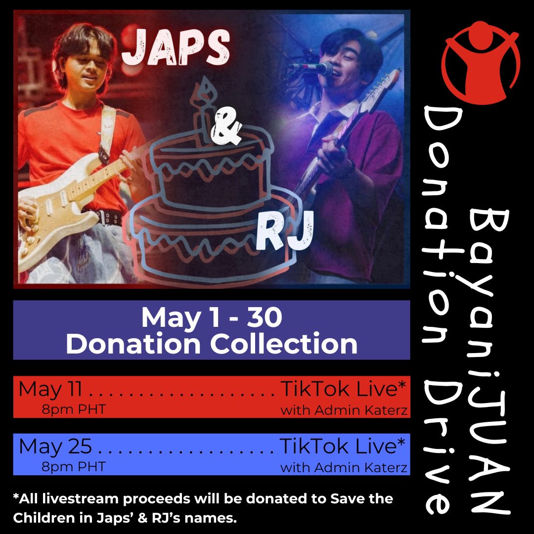 Juanistas!💛

This May, we invite you to join us in spreading love & hope with our #BayaniJUANDonationDrive for @JapsMendoza & @rjscruz_ birthdays! Check out admin Katerz upcoming TikTok Lives to support @SavetheChildren!

Donate here:
💝- support.savethechildren.org/goto/JuanJaps_…

@TheJuans_BAND