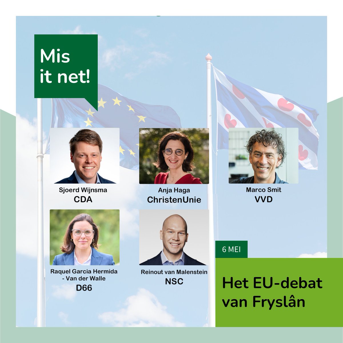 It EU-debat fan Fryslân

Op 6 mei staat er een boeiende debatavond gepland in Gorredijk, tijdens het evenement zullen verkiesbare Europarlementariërs met elkaar in gesprek gaan over onderwerpen die van belang zijn voor Fryslân. U bent van harte welkom! ⤵
opsterland.nl/eu-debat