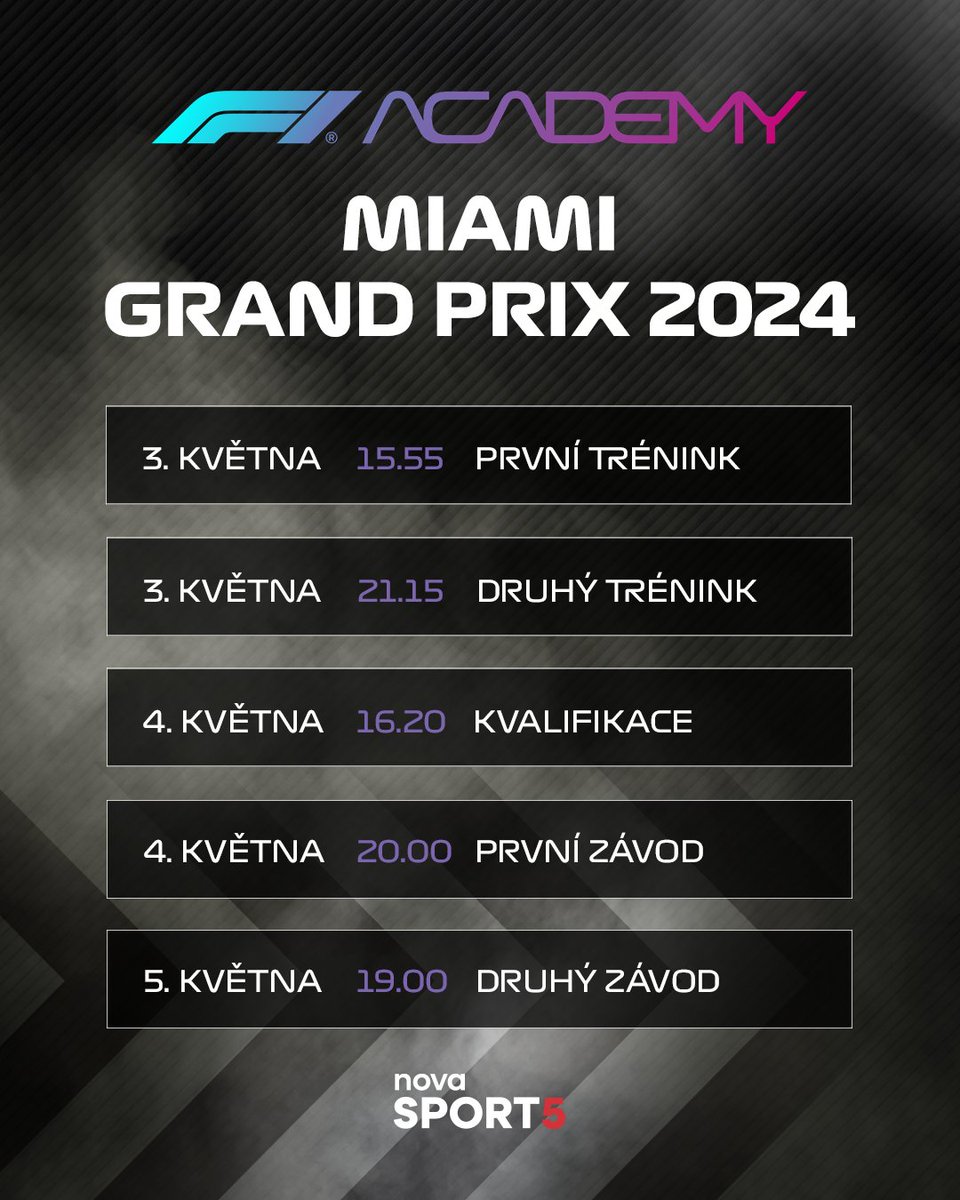 Už se jen dvakrát vyspíme a jdeme na to! 😍 Sledujte nabitý program VC Miami F1 a F1 Academy od pátku do neděle na Nova Sport 5. 👀👇 #NovaSport #F1 #F1Academy