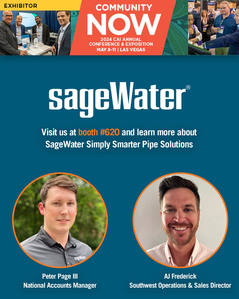 SageWater's tweet image. Come visit us! From May 8-11 we&apos;ll be at the CAI Expo in booth #620. Learn about our Pipe TEST forensic analysis and other ways we can help you address the failing pipes in your building. #caiexpo #repipe