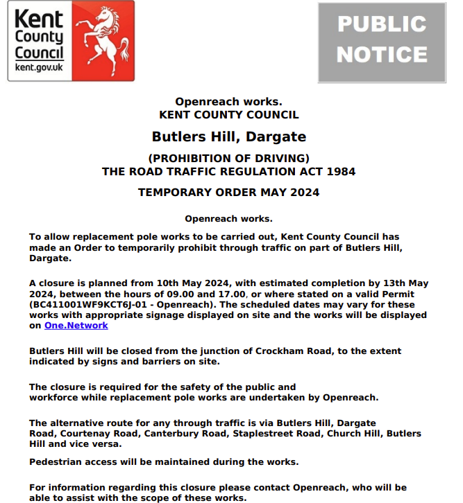 Dargate, Butlers Hill. Road closures from 10th-13th May (09:00-17:00 each day) for @WeAreOpenreach works: moorl.uk/?4lx9a2