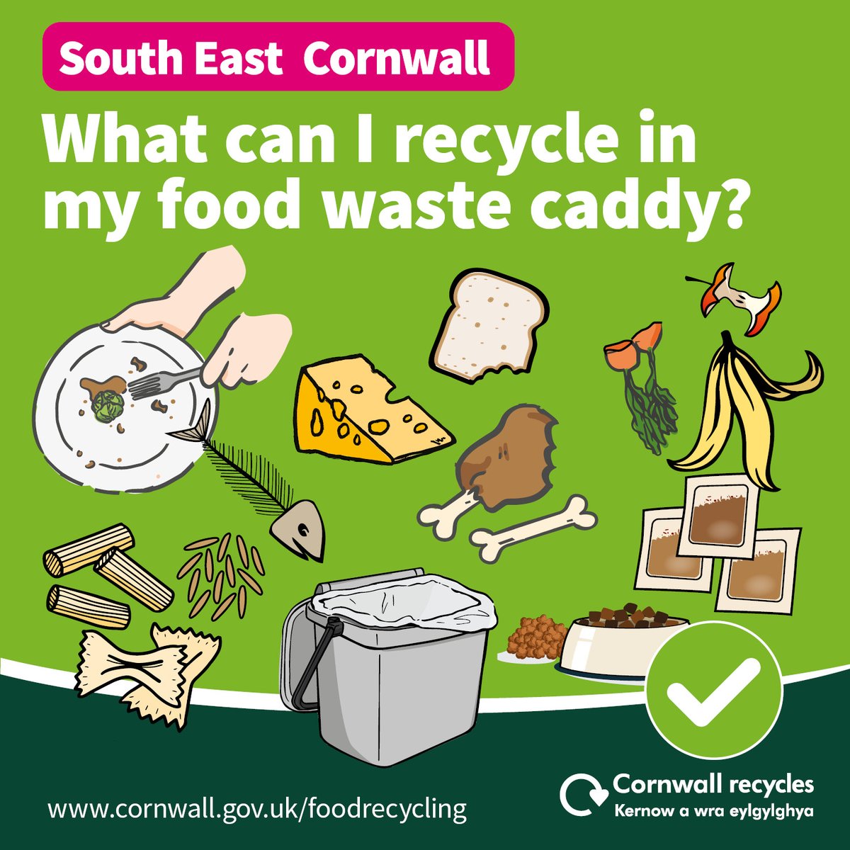 ♻️ South East Cornwall – Use your food waste caddies to recycle unused or leftover food including: ✔ Uneaten food ✔ Dairy products and eggshells ✔ Bread, cakes ✔ Meat and fish, bones ✔ Teabags and coffee grounds ✔ Veg, fruit and peelings ✔ Rice, pasta, beans ✔ Pet food