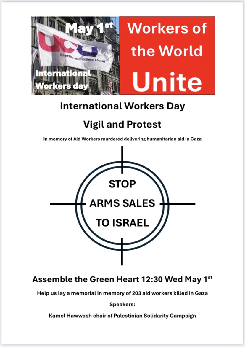 Our #InternationalWorkersDay vigil and protest is TODAY at 12.30 on campus. Please gather at the D on the Green Heart*. We are laying 203 ‘Doves’ symbolising the deaths of aid workers in Gaza to date *Near North Gate @ucu @illdoitanyway @BhamUniUnison @TUCBham 1/2