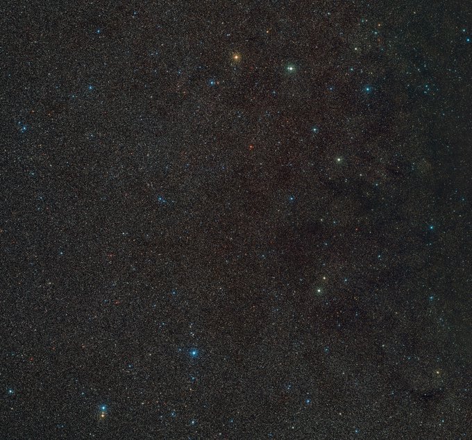 Stunning: A wide-field view of the area around Gaia BH3, the most massive stellar black hole in our galaxy

The black hole itself is not visible, but the star that orbits around it can be seen right at the centre of this image

(Credit: ESO/Digitized Sky Survey 2/D. De Martin