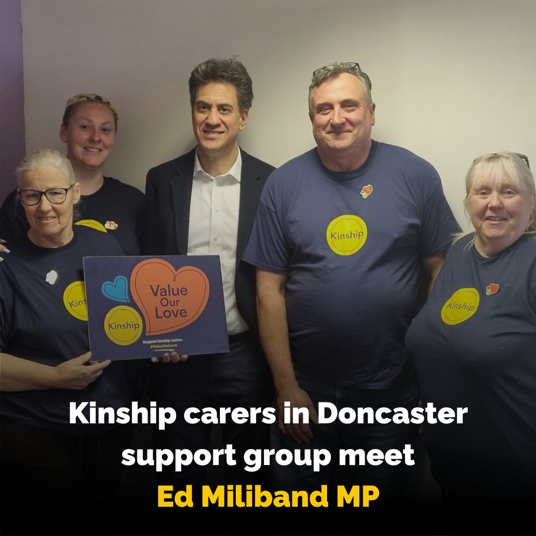We're delighted to share that recently #KinshipCarers Sam, Kay, Kieron and Linda from a Kinship support group in Doncaster met their local MP, @ed_miliband, to talk about #KinshipCare and what the #ValueOurLove campaign is calling for.