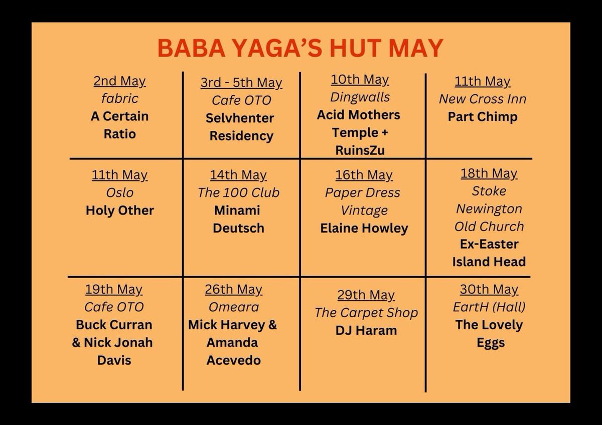15 Baba Yaga's Hut shows in May! About as busy as it gets for us. Hope you can join us for some of these gems! 50 tickets left for Part Chimp, 30 tickets left for @minamideutsch, 20 left for @ExEIH evening set. dice.fm/promoters/baba…